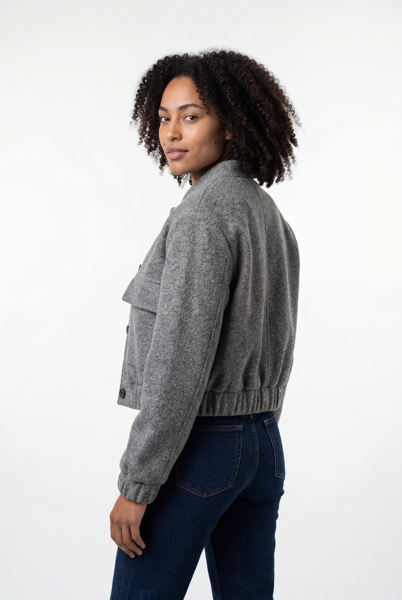 Gray Heathered Grey Cropped Bomber Jacket with Patch Pockets - Cropped jacket - Photo 2