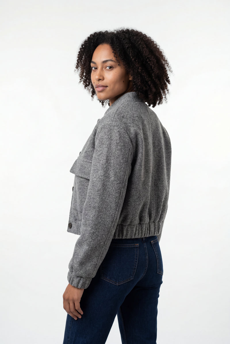 Gray Heathered Grey Cropped Bomber Jacket with Patch Pockets - Cropped jacket - Photo 2