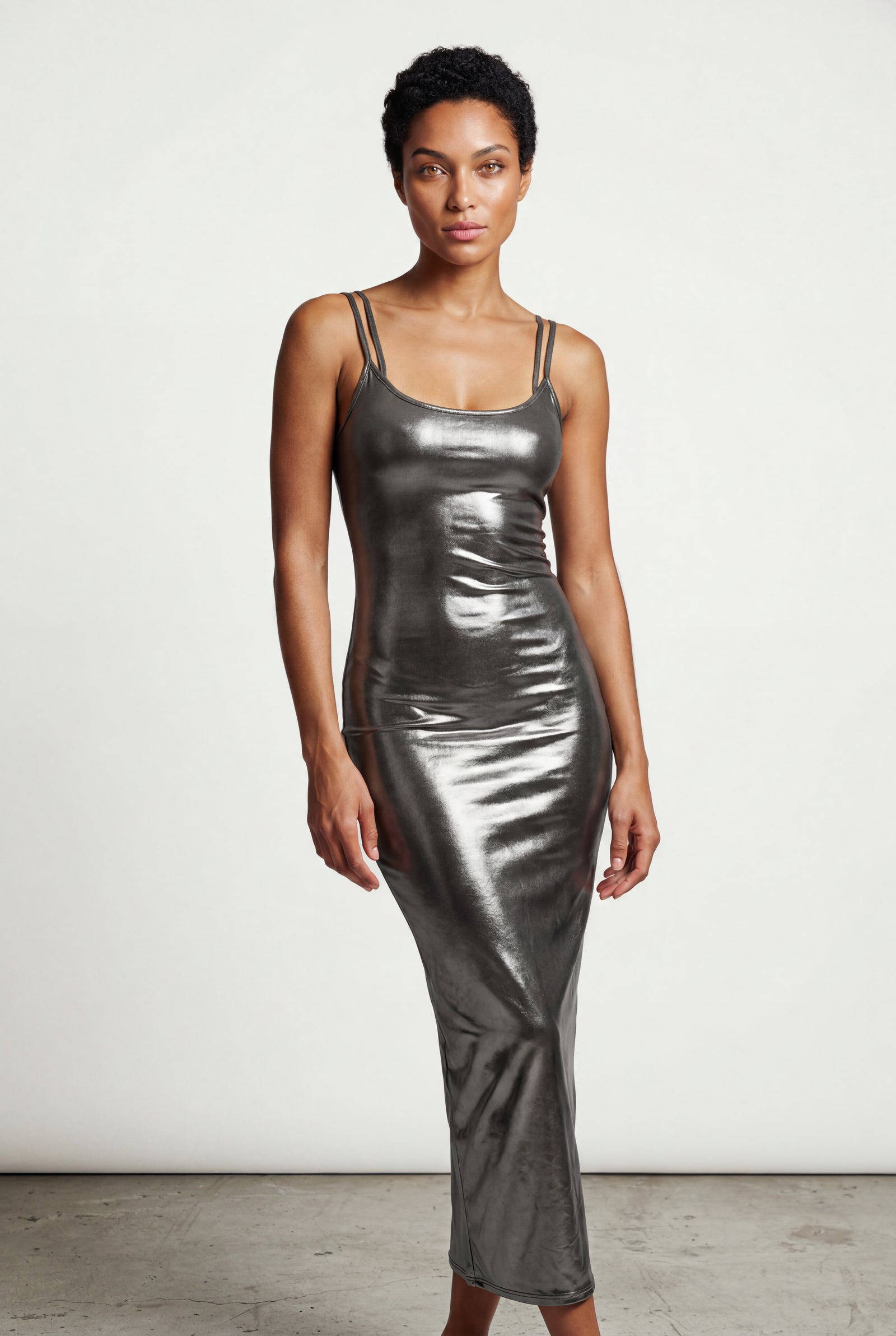 Gray High-slit Metallic Bodycon Maxi Dress - Photo 5