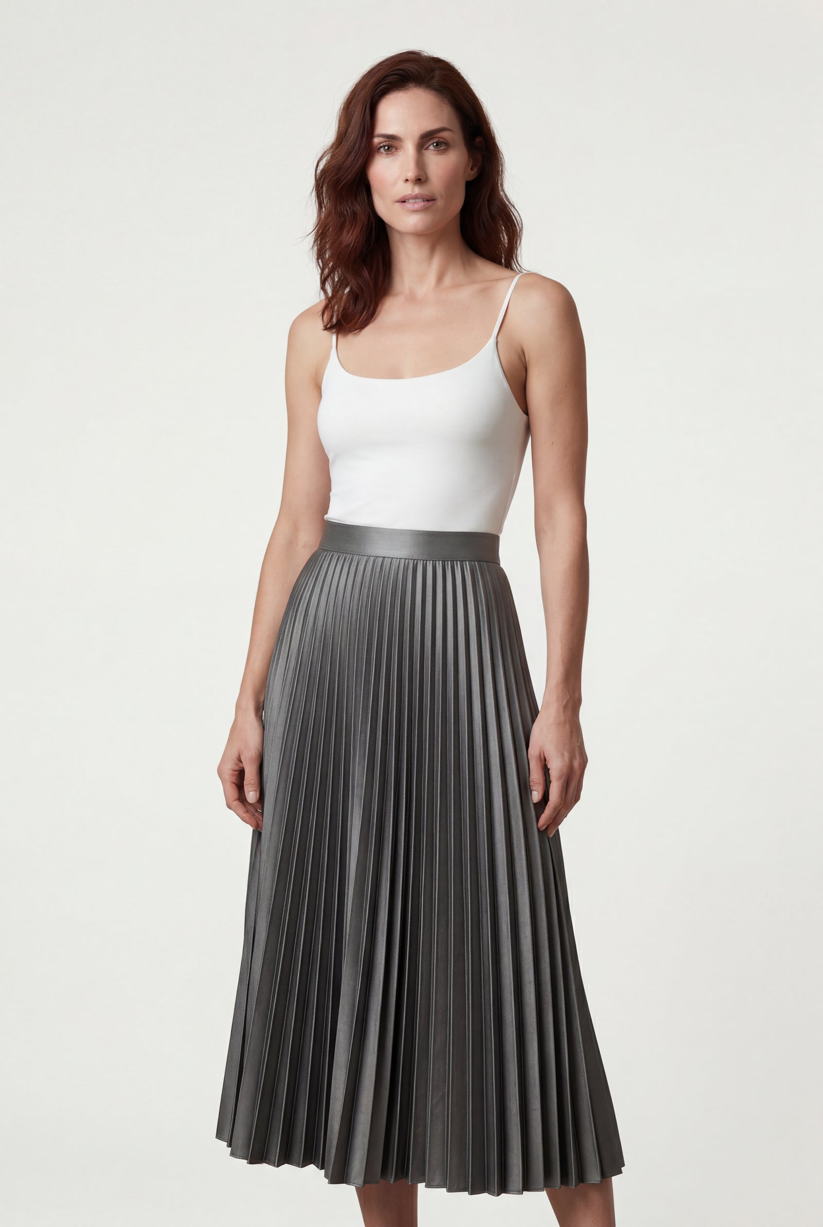 Gray High-waisted A-line Pleated Midi Skirt - Photo 5