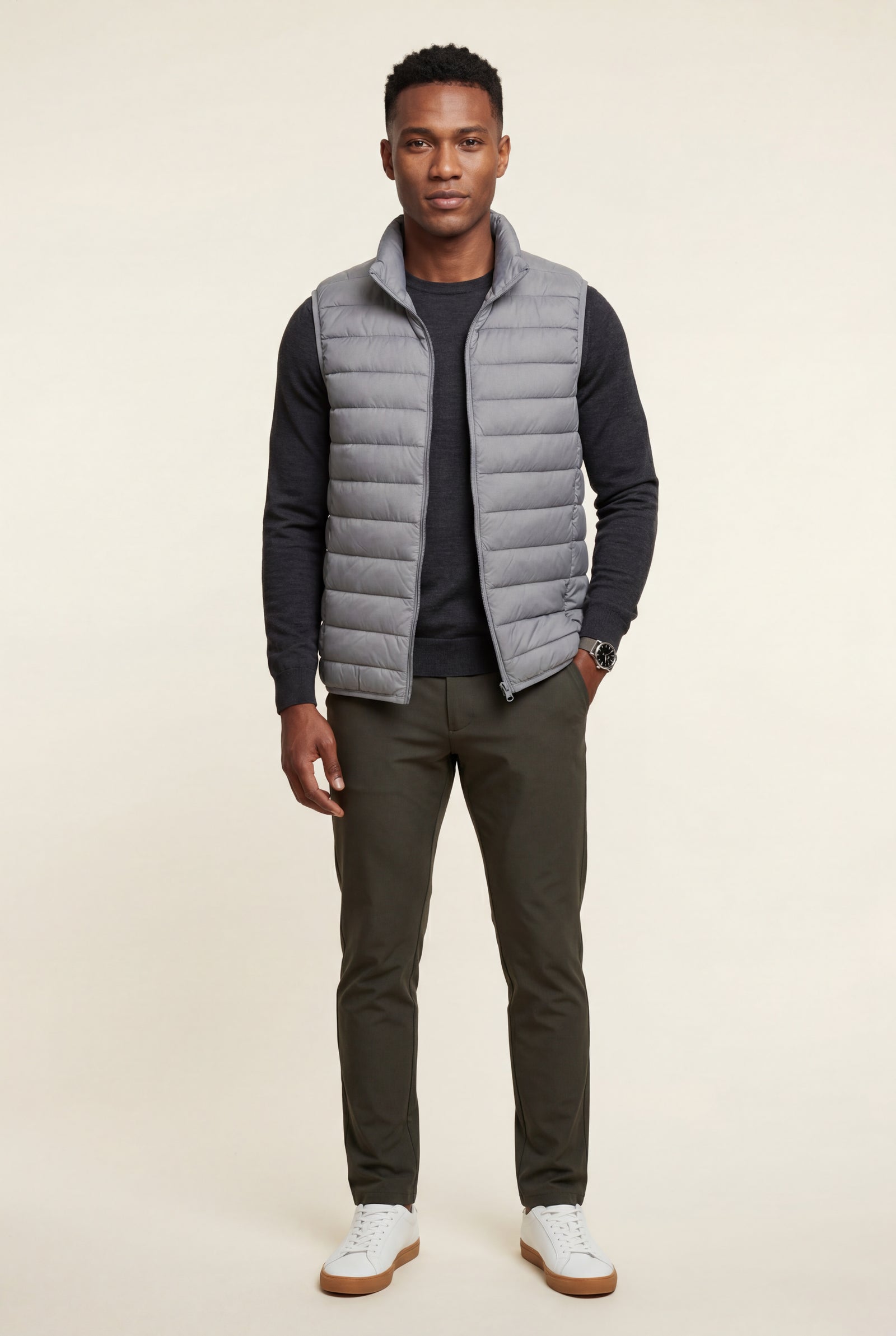 Gray Lightweight High Collar Padded Vest with Slim Silhouette - Padded vests - Photo 9