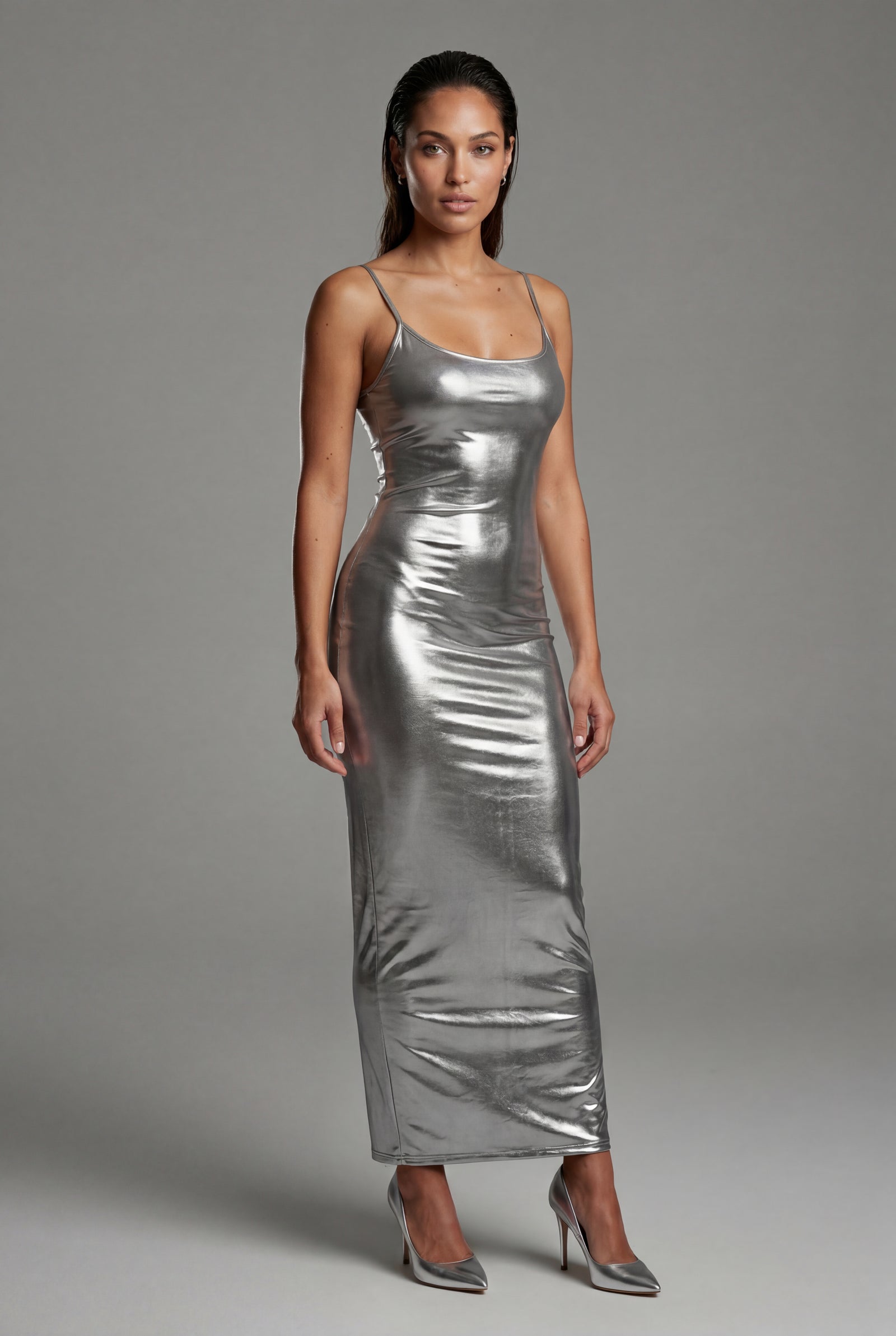 Gray Liquid Metallic Bodycon Maxi Dress with Cami Straps - Bodycon dress - Photo 1