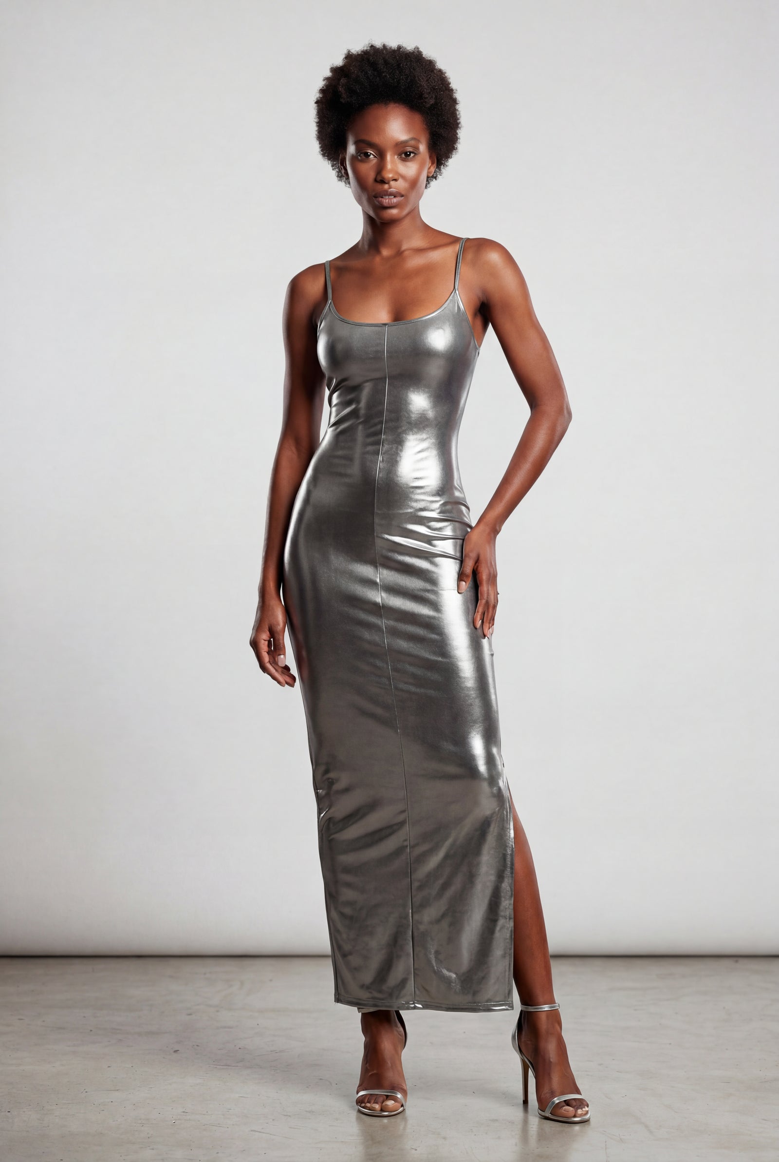 Gray Liquid Metallic Bodycon Maxi Dress with Cami Straps - Bodycon dress - Photo 2
