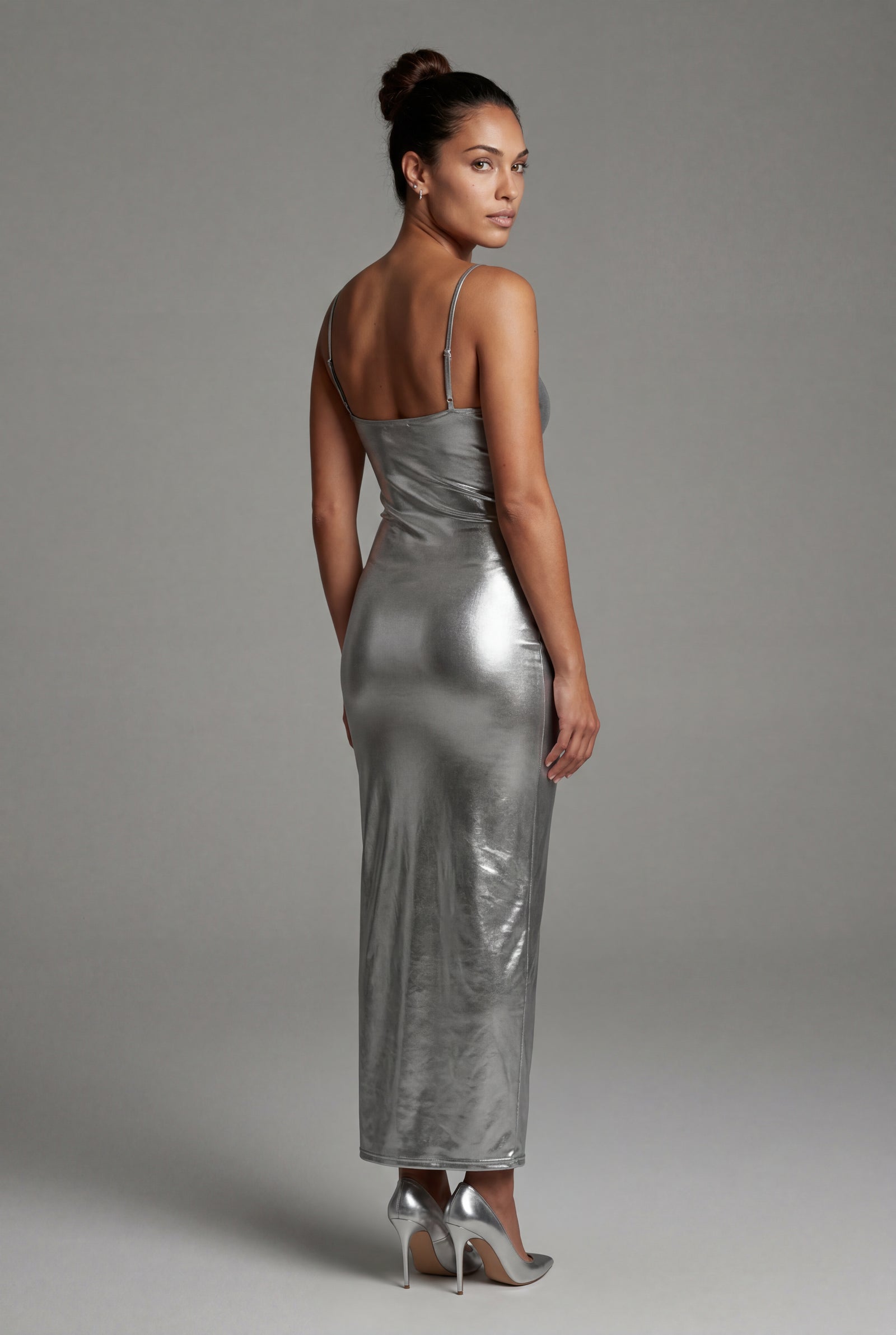 Gray Liquid Metallic Bodycon Maxi Dress with Cami Straps - Bodycon dress - Photo 3