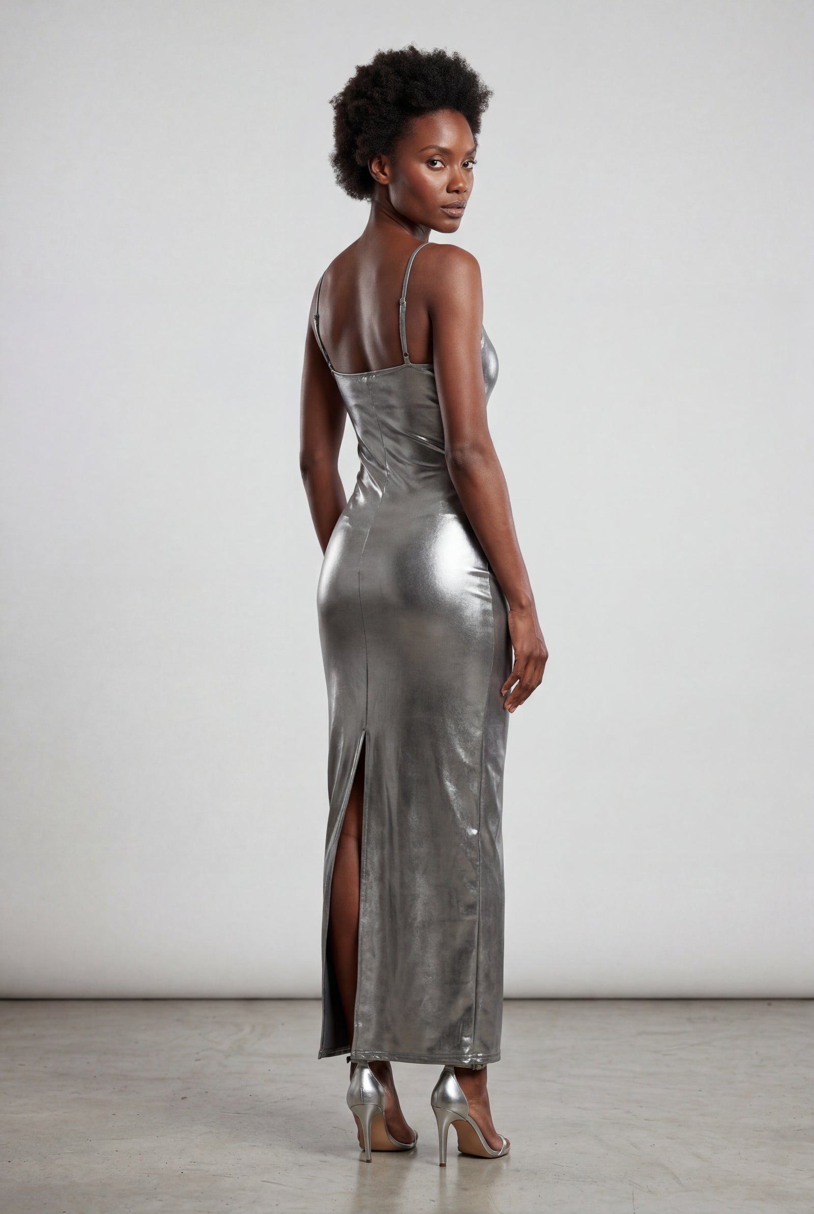 Gray Liquid Metallic Bodycon Maxi Dress with Cami Straps - Bodycon dress - Photo 4