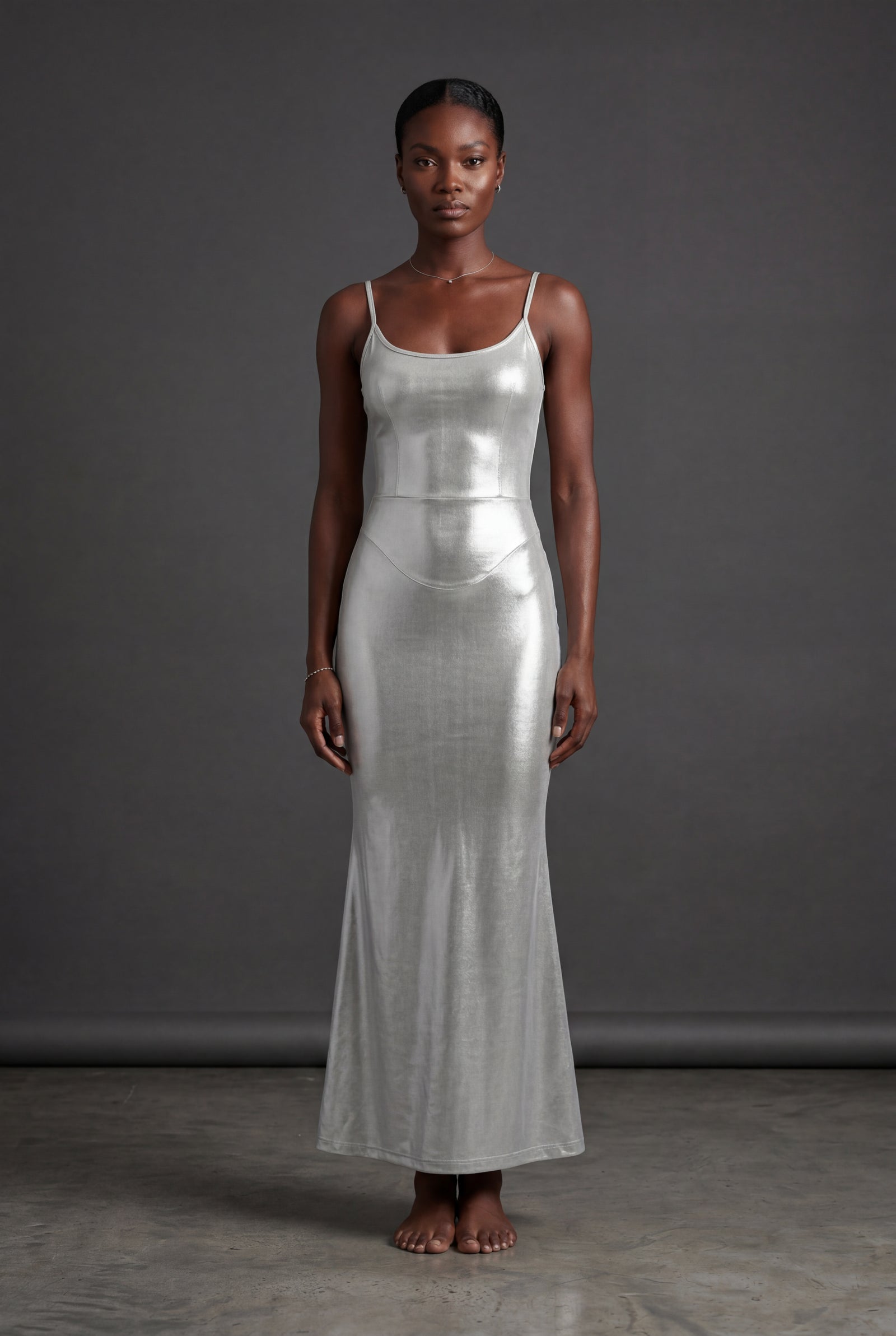 Silver Liquid Metallic Bodycon Maxi Dress with Cami Straps - Bodycon dress - Photo 5