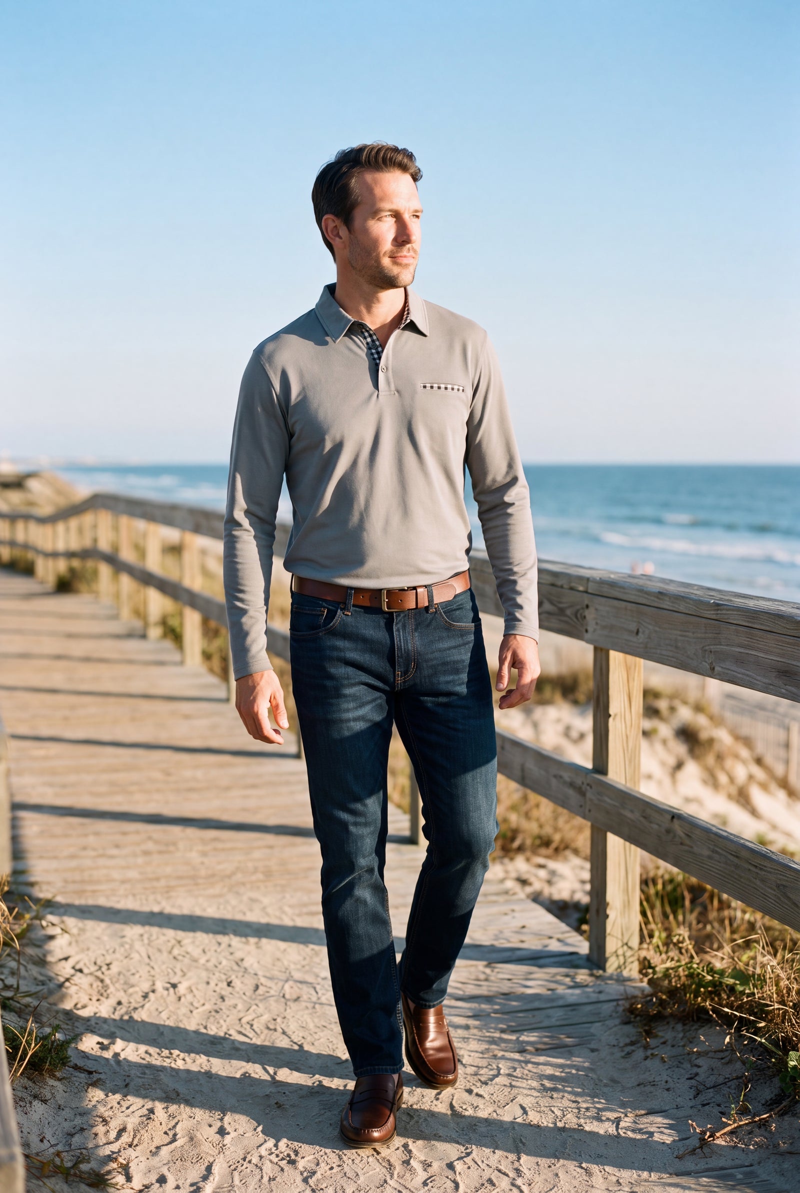 Men Polo Shirt Long Sleeve Checkered Collar in Gray — lifestyle exploration