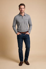 Men Polo Shirt Long Sleeve Checkered Collar in Gray — studio full body