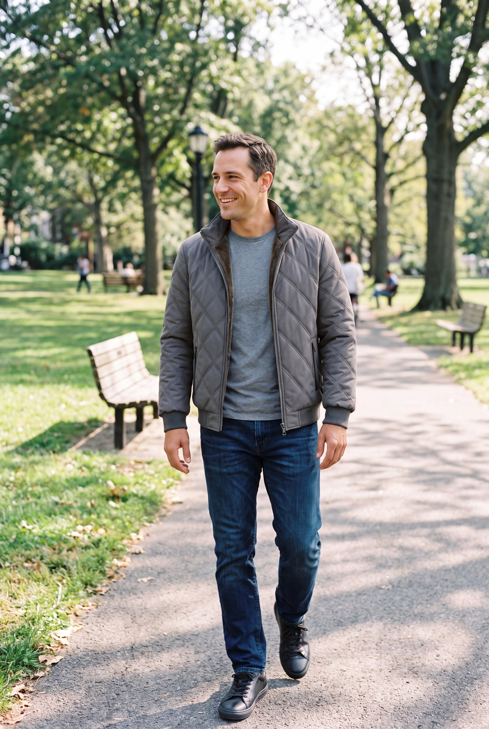 Men's Jacket Quilted Fleece-Lined in Gray — lifestyle park walk