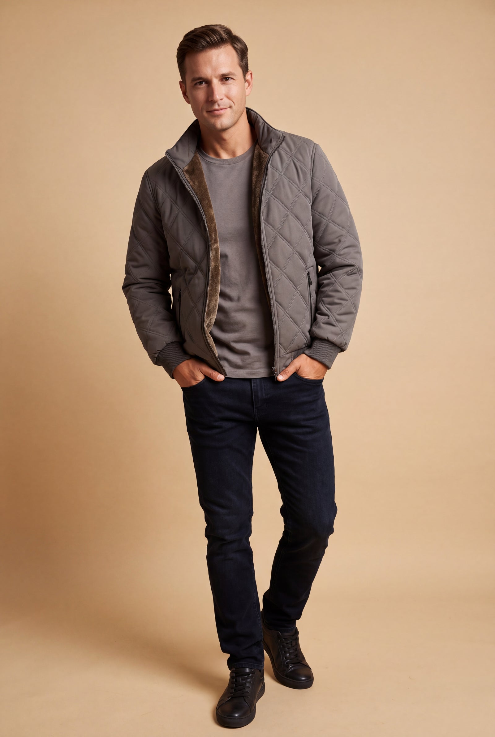 Men's Jacket Quilted Fleece-Lined in Gray — main studio