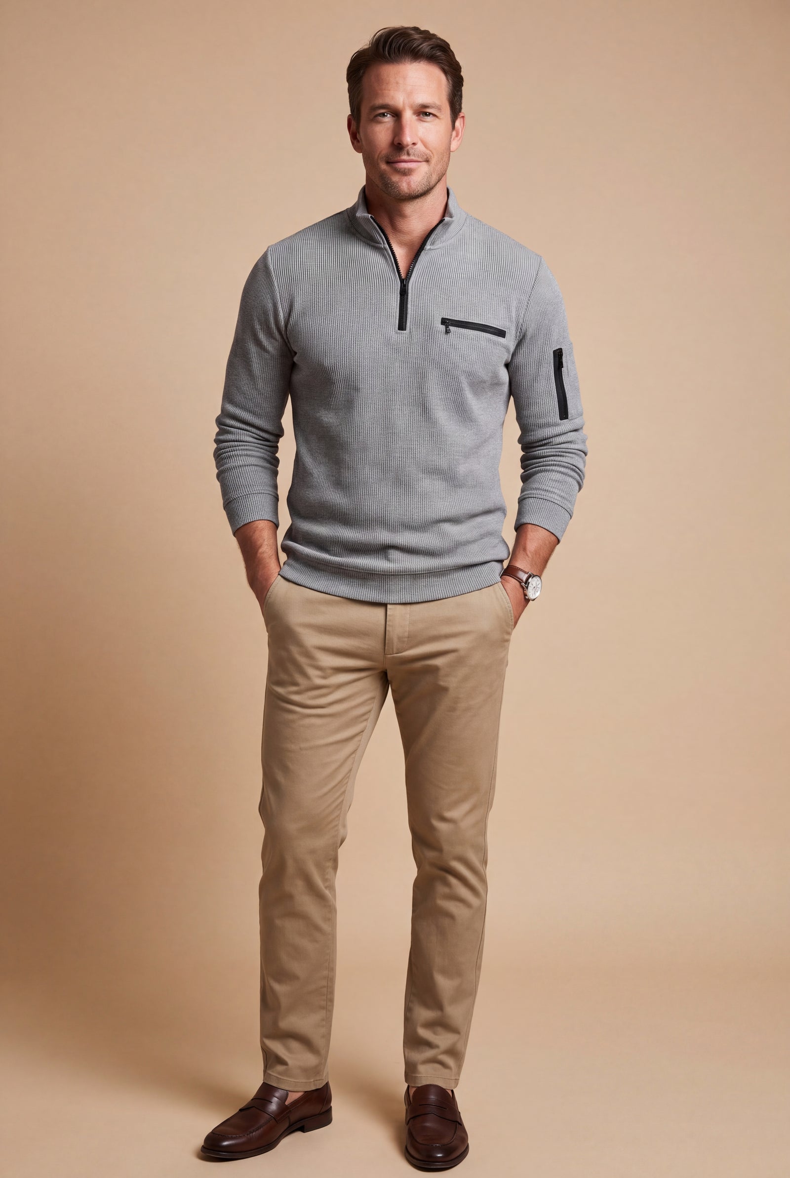 Men's Sweater Half-Zip Stand Collar in Gray — studio 01