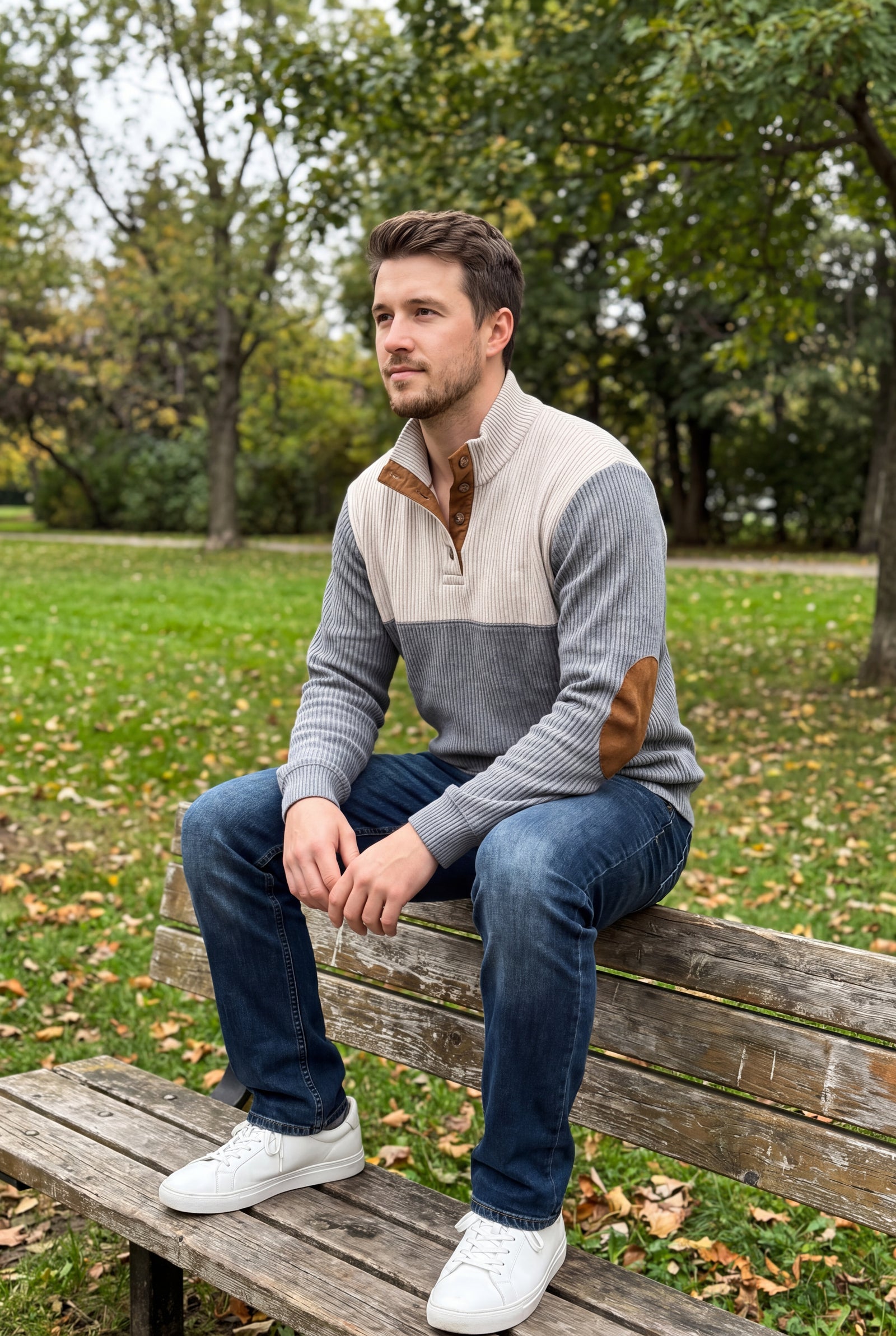 Men's Sweater Stand Collar Two-Tone in Gray — weekend morning