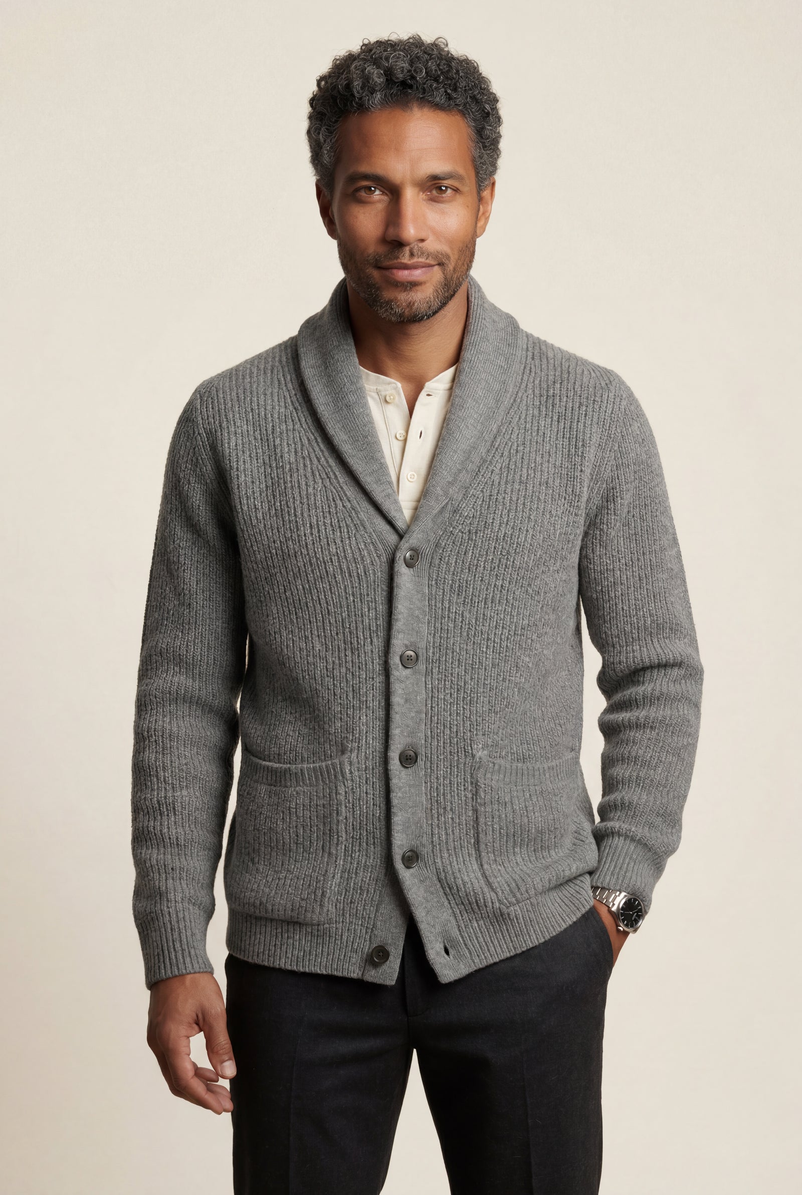 Gray Men's Ribbed Shawl Collar Button-Up Cardigan Grey - Photo 1