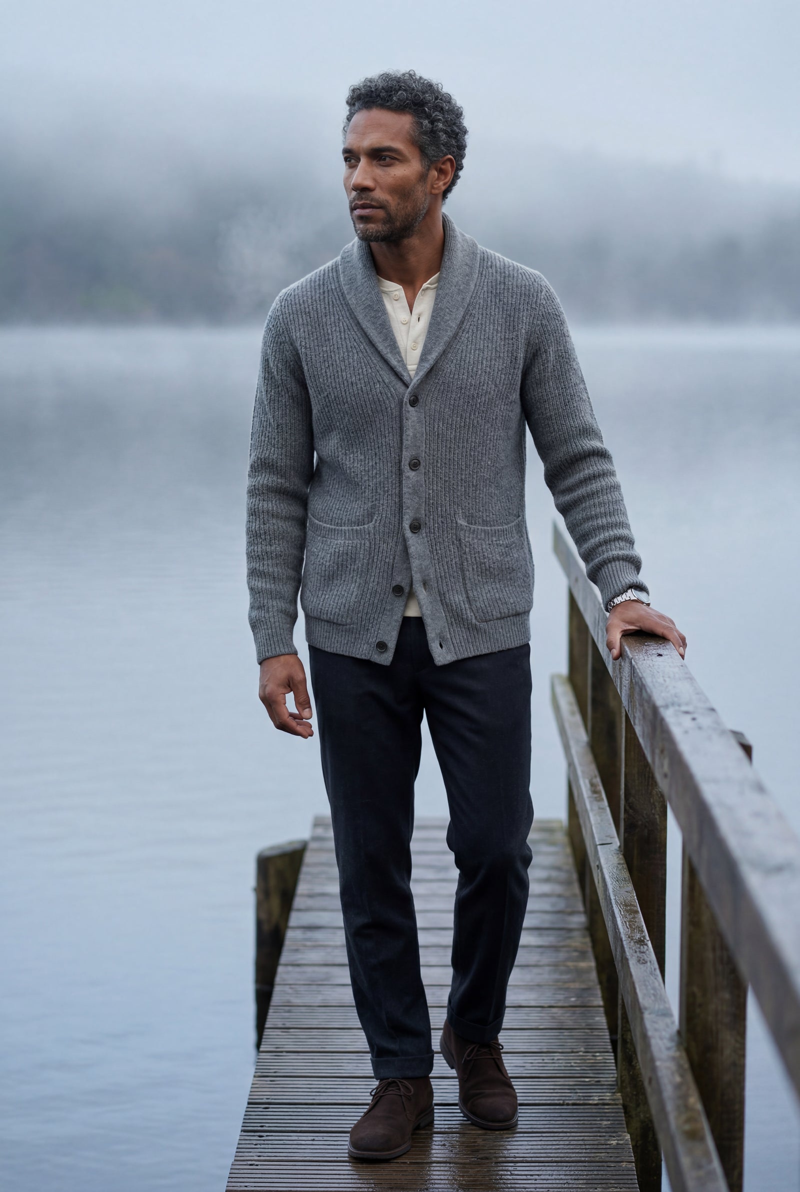 Gray Men's Ribbed Shawl Collar Button-Up Cardigan Grey - Photo 4