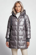 Gray Metallic Quilted Hooded Mid-length Puffer Jacket - Quilted jackets - Photo 4