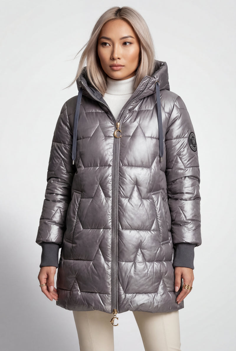 Gray Metallic Quilted Hooded Mid-length Puffer Jacket - Quilted jackets - Photo 4