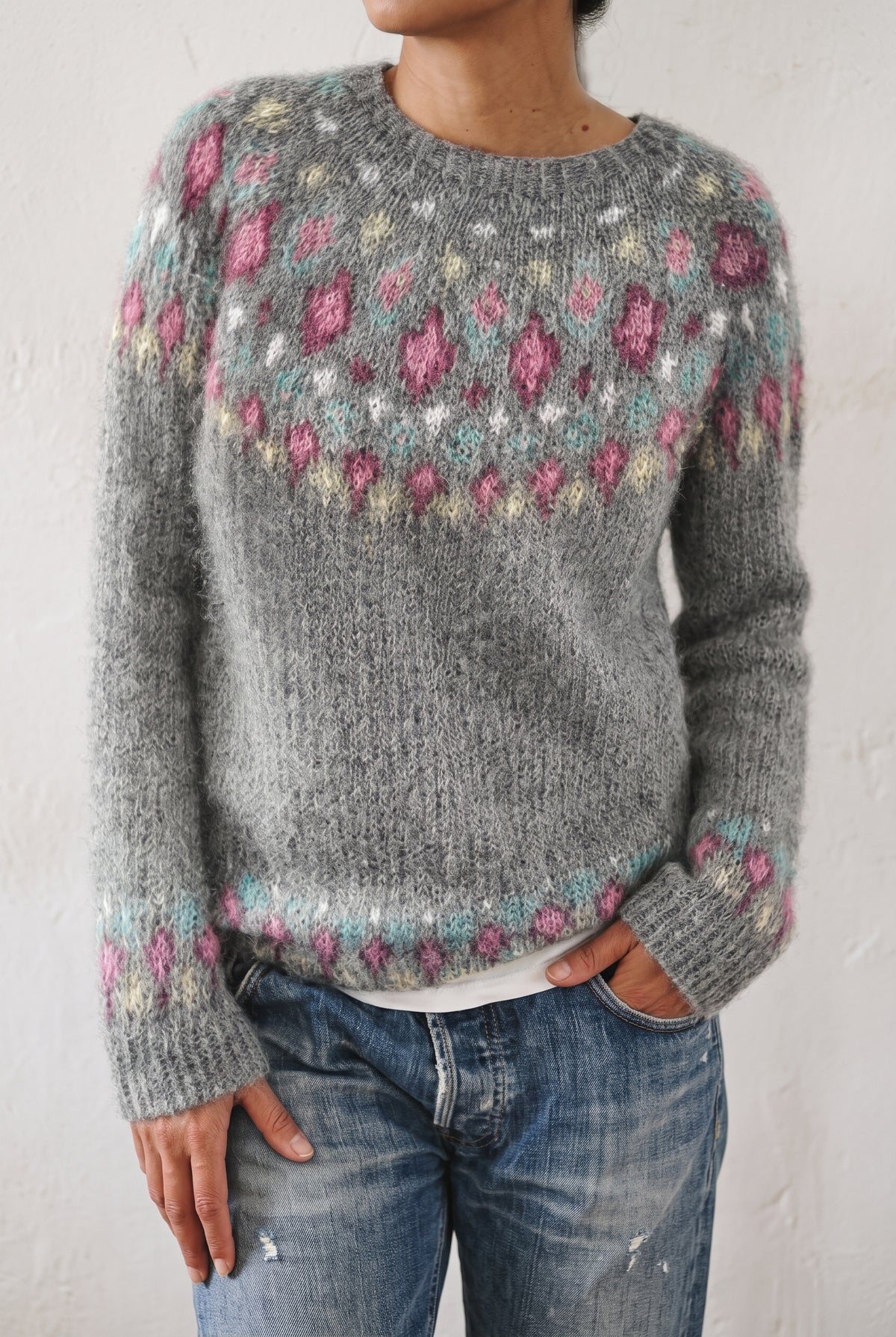 Nordic Ribbed Knit Sweater in Gray — studio front