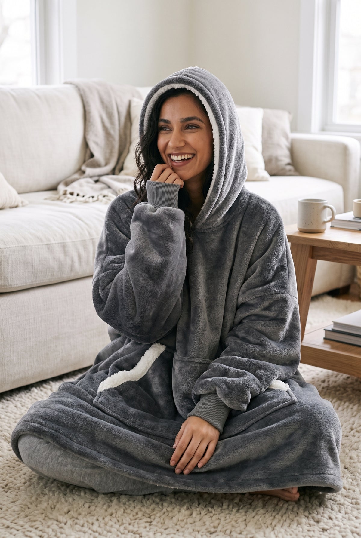 Oversized Fleece Blanket Hoodie in Gray — studio front