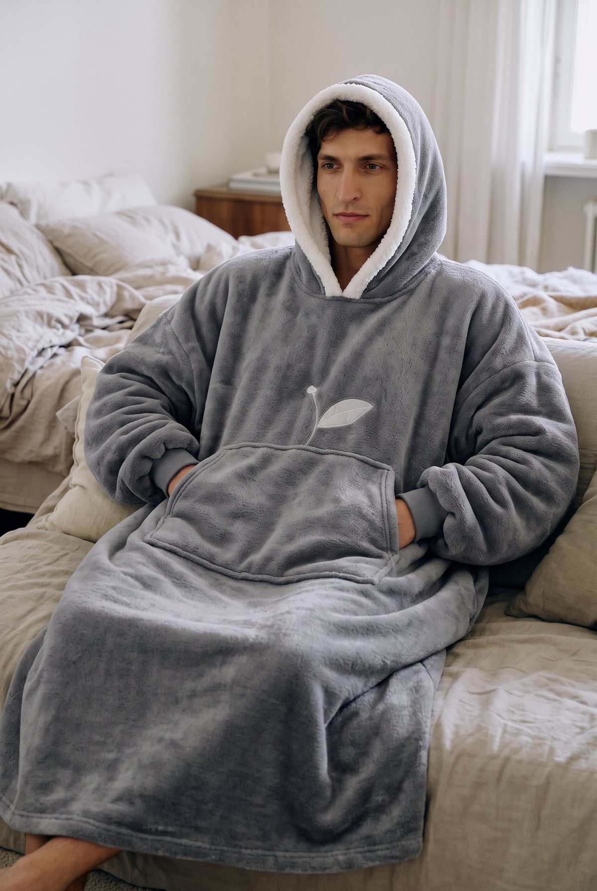Oversized Plush Blanket Hoodie in Gray — lifestyle