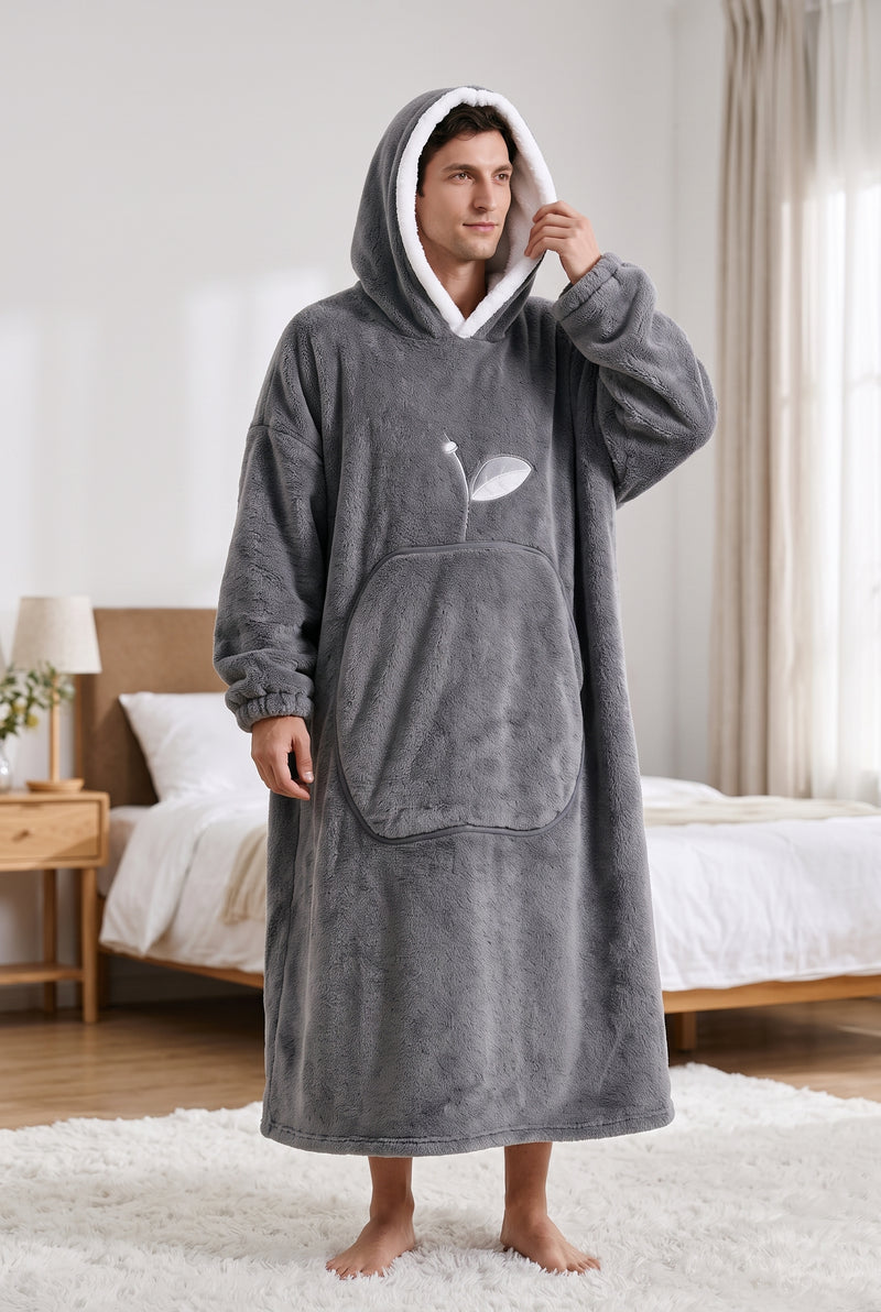Oversized Plush Blanket Hoodie in Gray — studio front