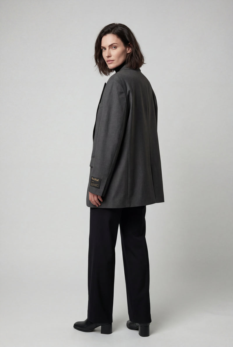Gray Oversized Single-breasted Blazer with Patch Detail - Blazers - Photo 3