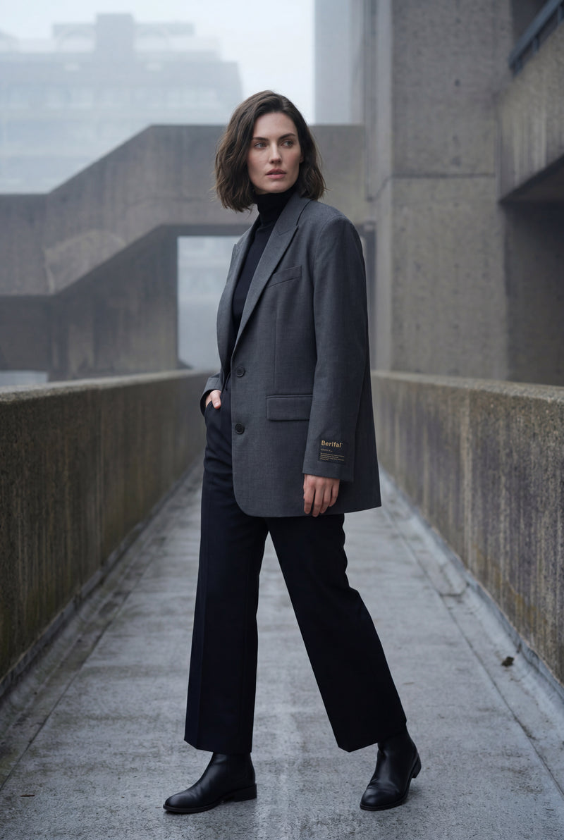 Gray Oversized Single-breasted Blazer with Patch Detail - Blazers - Photo 4