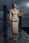 Beige Peplum Blazer and Long Pencil Skirt Set with Balloon Sleeves - Skirt suits - Photo 10