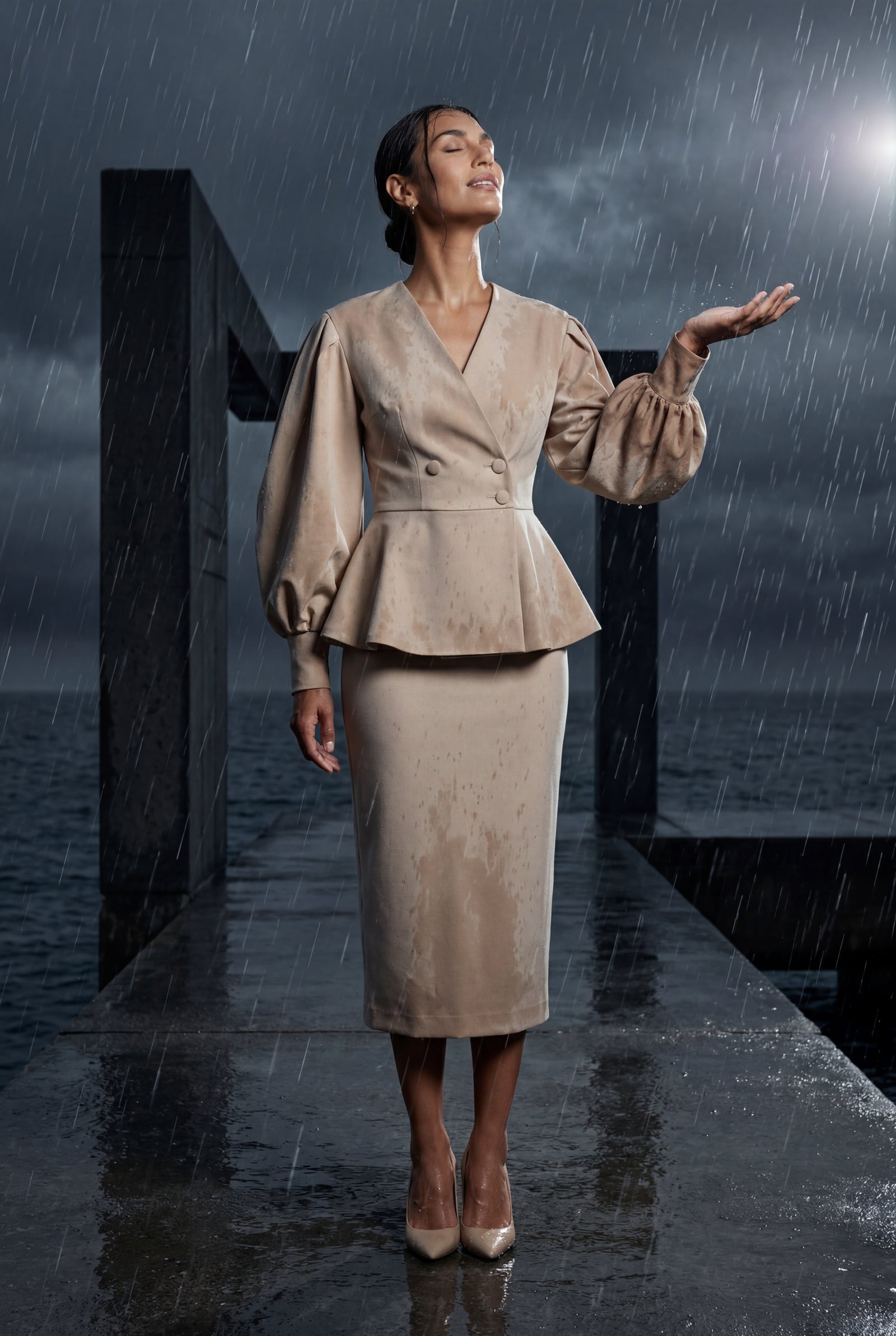 Beige Peplum Blazer and Long Pencil Skirt Set with Balloon Sleeves - Skirt suits - Photo 10