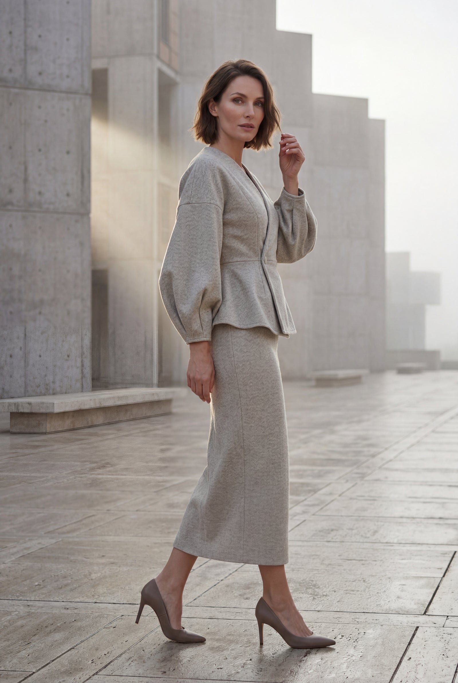 Gray Peplum Blazer and Long Pencil Skirt Set with Balloon Sleeves - Skirt suits - Photo 12