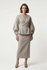 Gray Peplum Blazer and Long Pencil Skirt Set with Balloon Sleeves - Skirt suits - Photo 4
