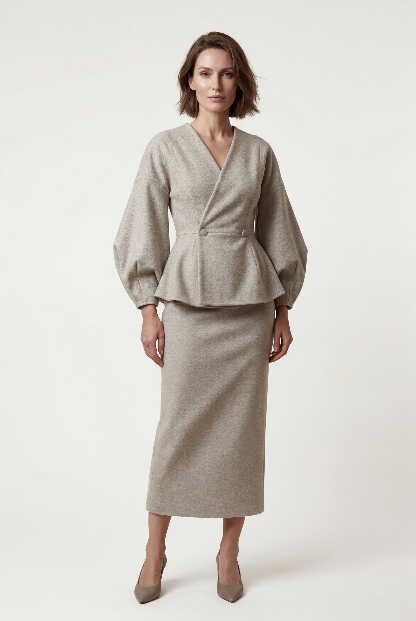 Gray Peplum Blazer and Long Pencil Skirt Set with Balloon Sleeves - Skirt suits - Photo 4