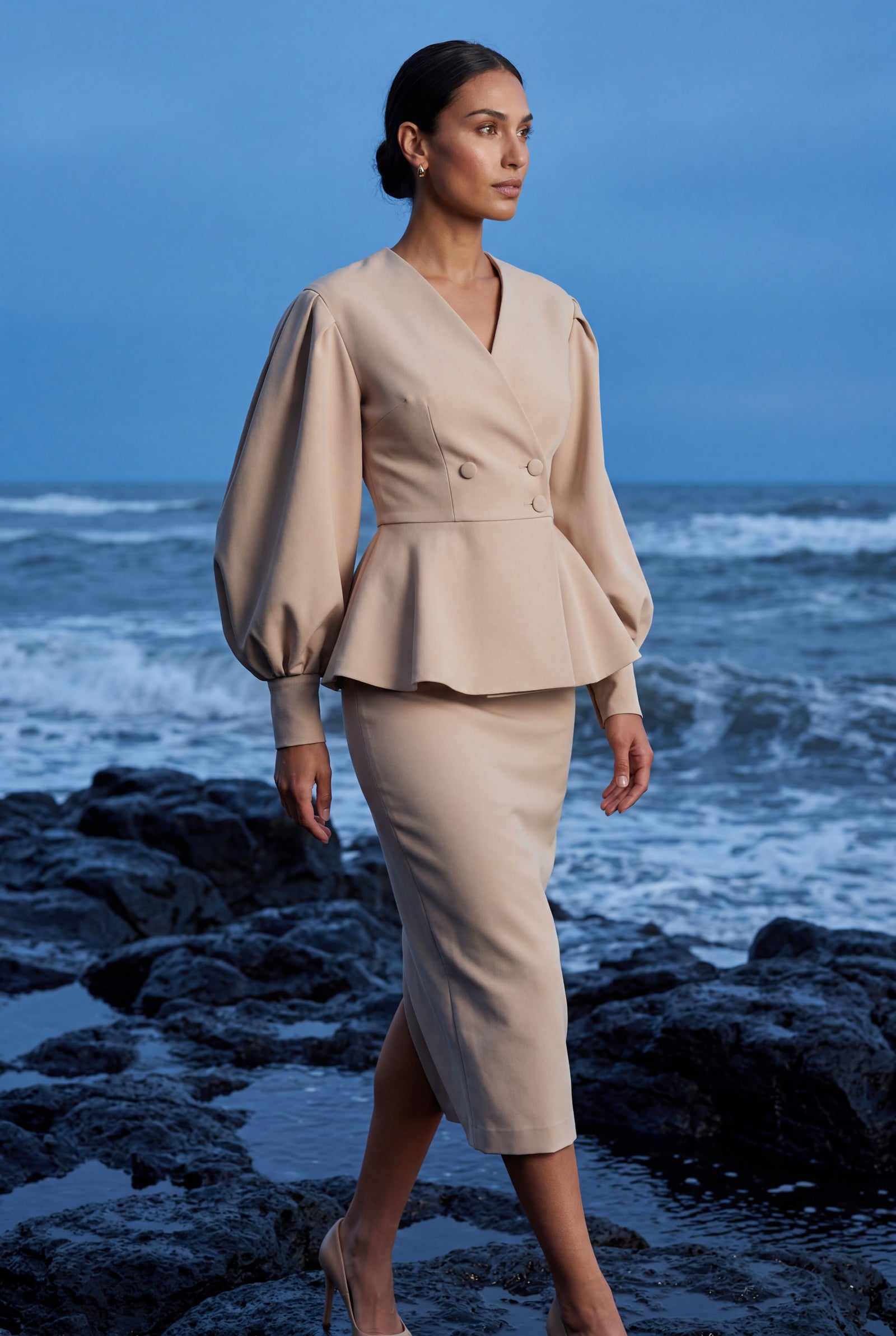 Beige Peplum Blazer and Long Pencil Skirt Set with Balloon Sleeves - Skirt suits - Photo 5