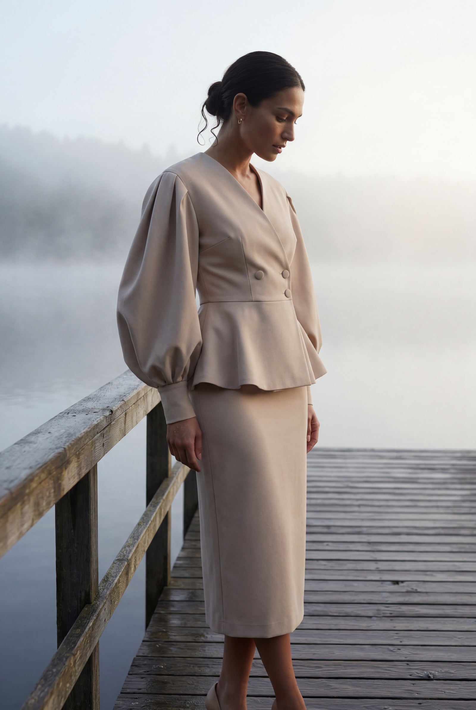 Beige Peplum Blazer and Long Pencil Skirt Set with Balloon Sleeves - Skirt suits - Photo 8