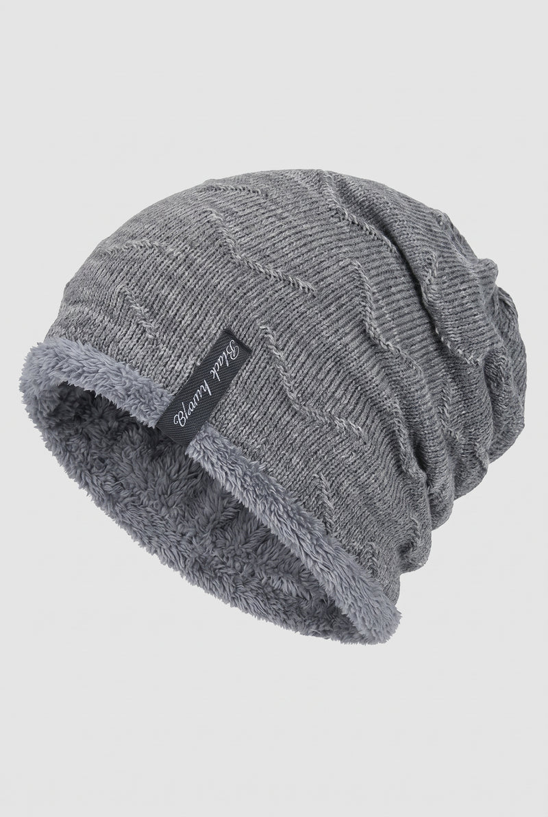 Plush-Lined Slouchy Beanie in Gray — studio front