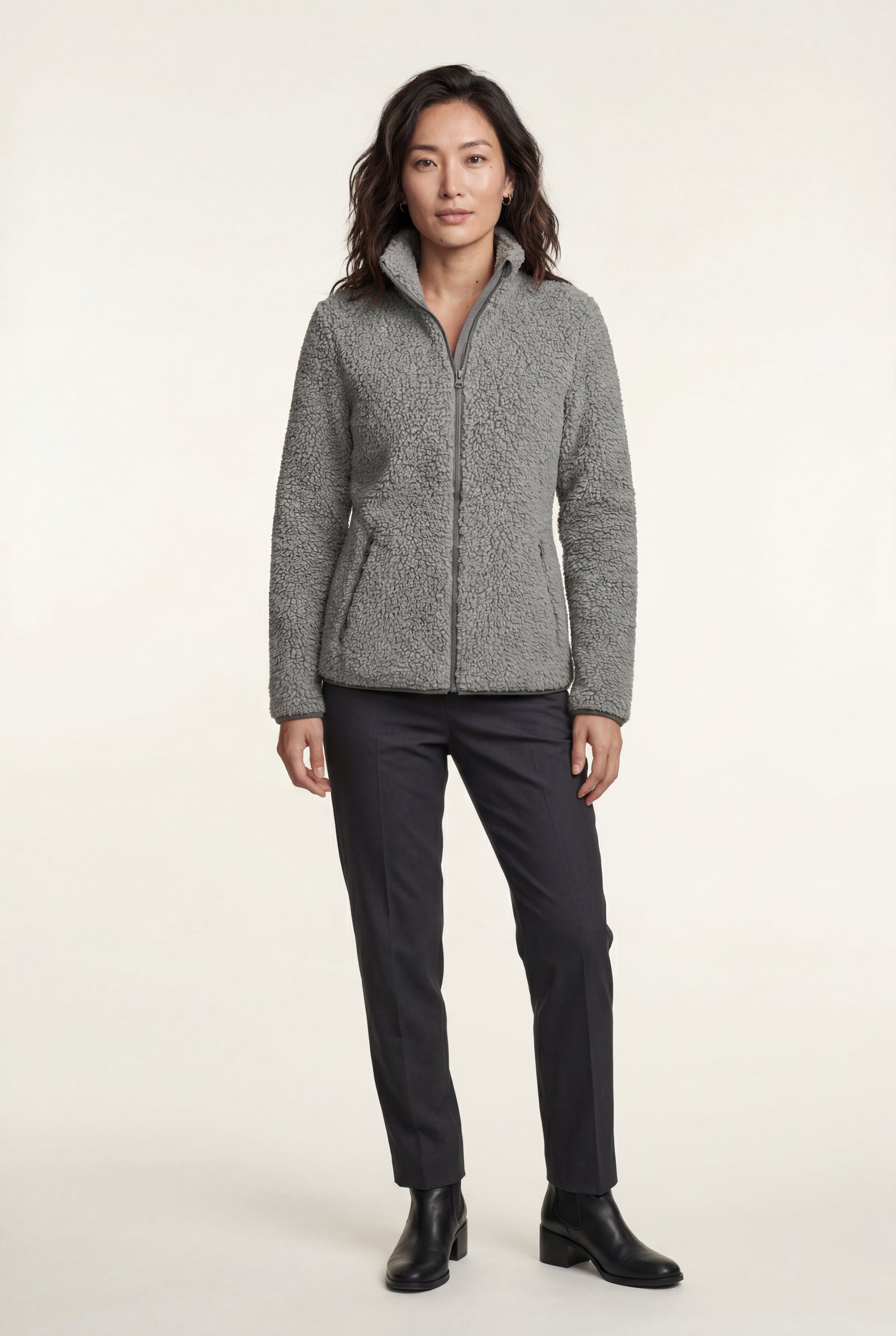 Gray Plush Zip-up Jacket with Stand Collar - Fleece jacket - Photo 19