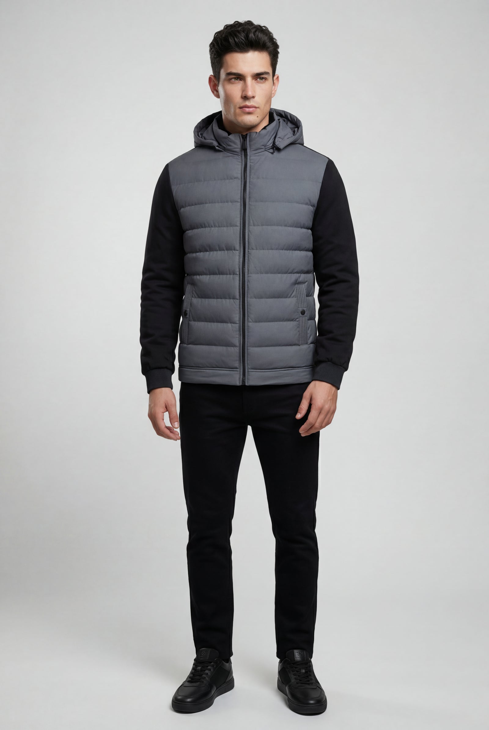 Gray Quilted Hybrid Puffer Jacket with Sleeves and Hood - Photo 3