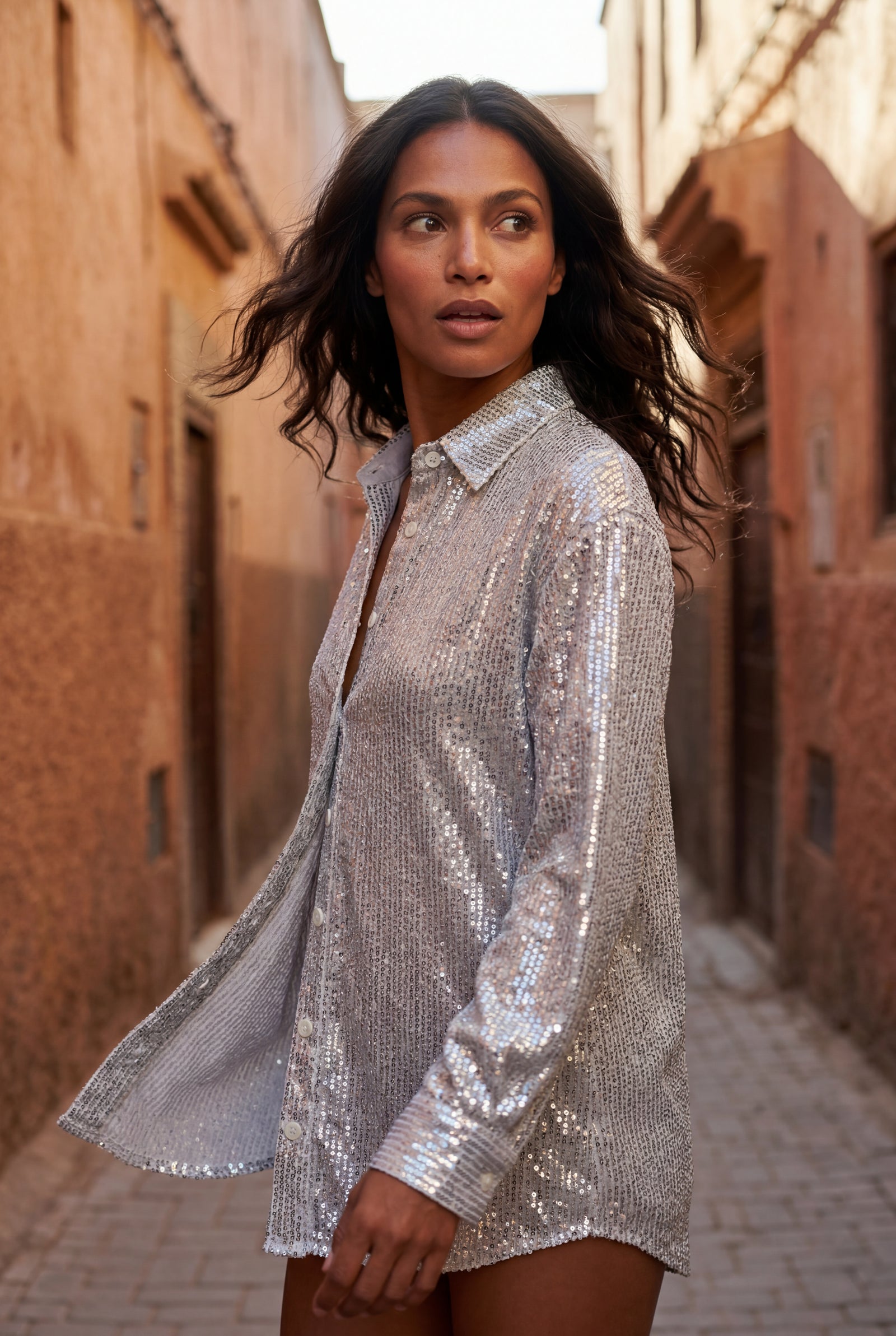 Gray Relaxed Button-up Blouse with Classic Collar - Sequin blouses - Photo 7