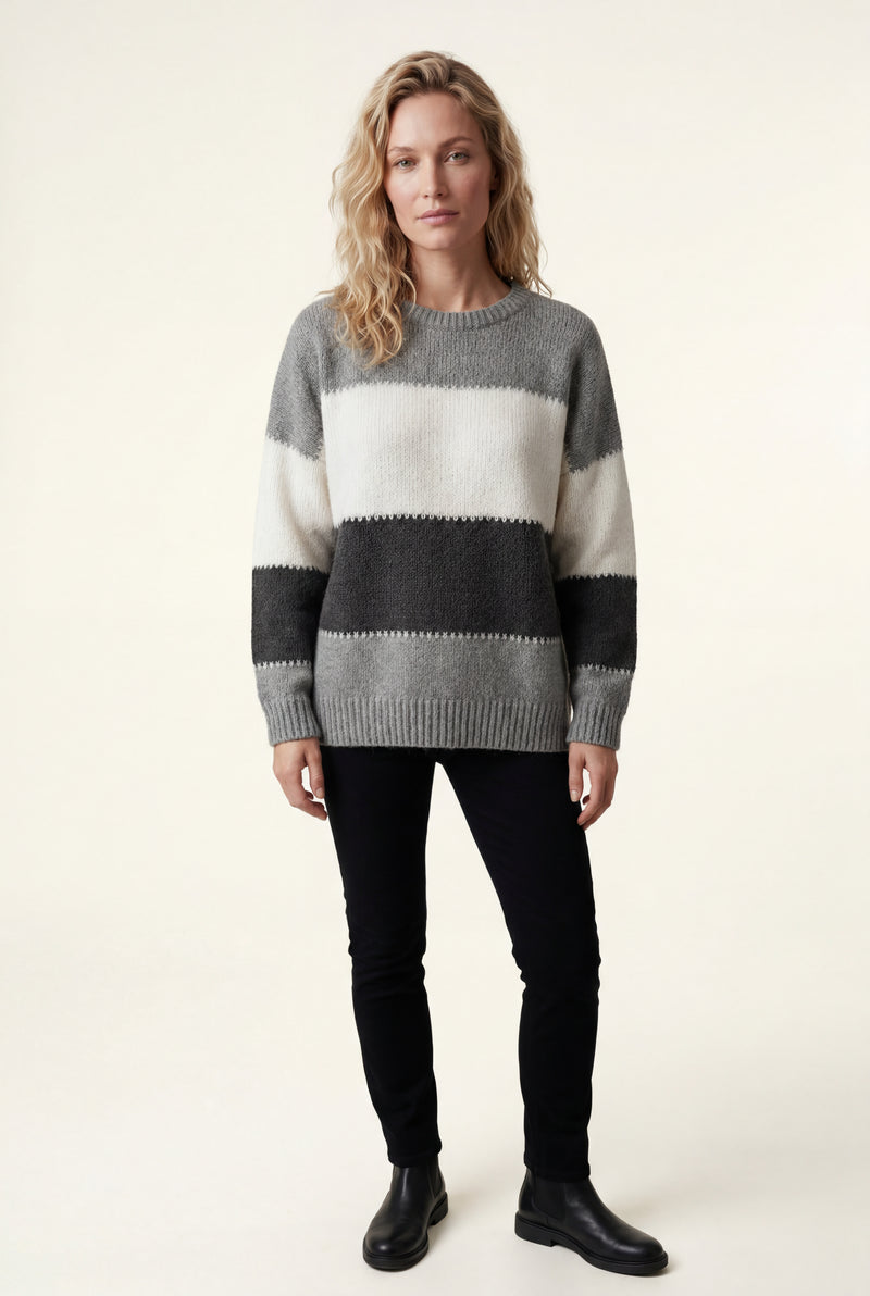 Gray Relaxed Fit Fuzzy Striped Crewneck Sweater - Sweaters - Photo 3