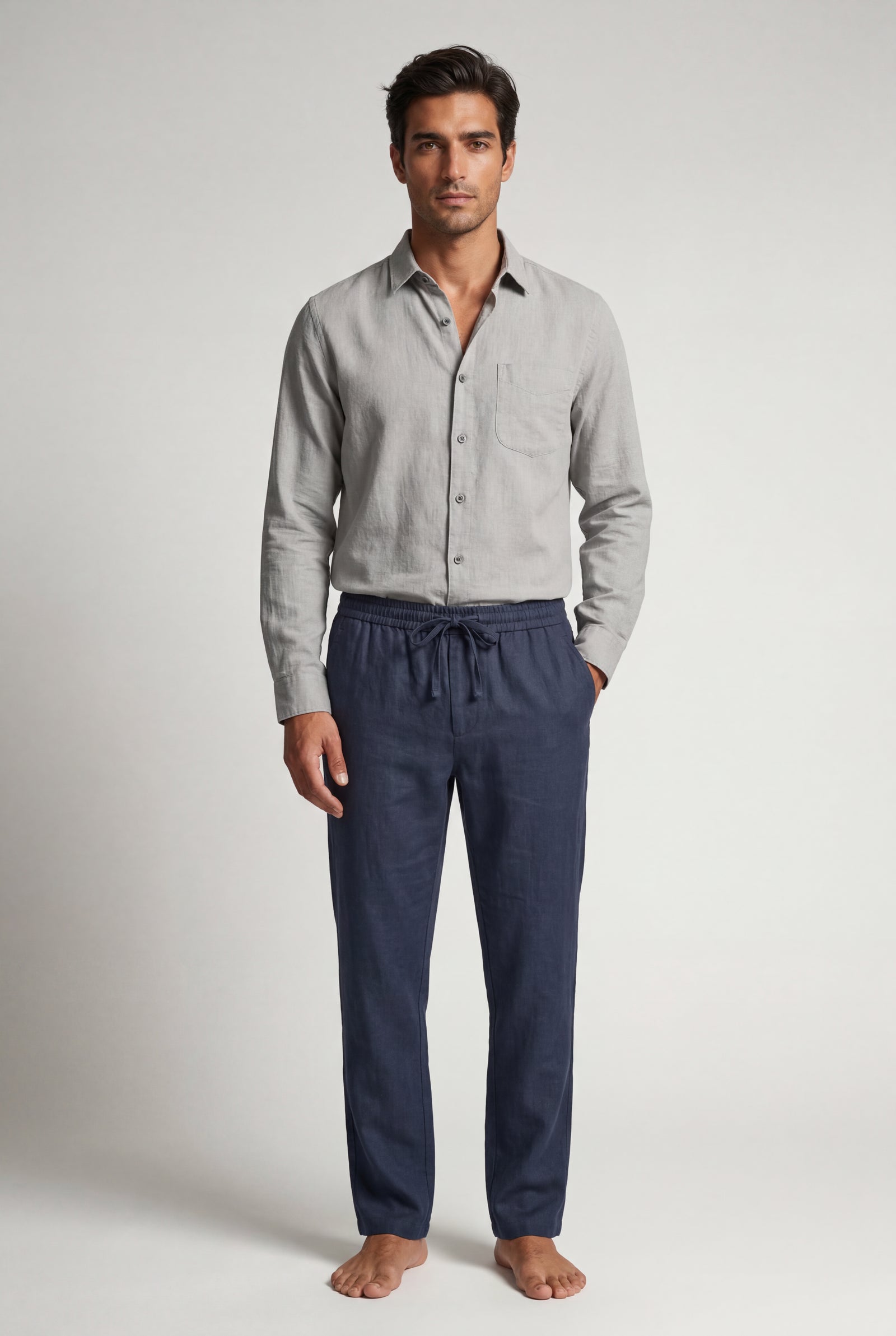 Gray Relaxed Long-sleeve Shirt and Drawstring Pants Set - Photo 9