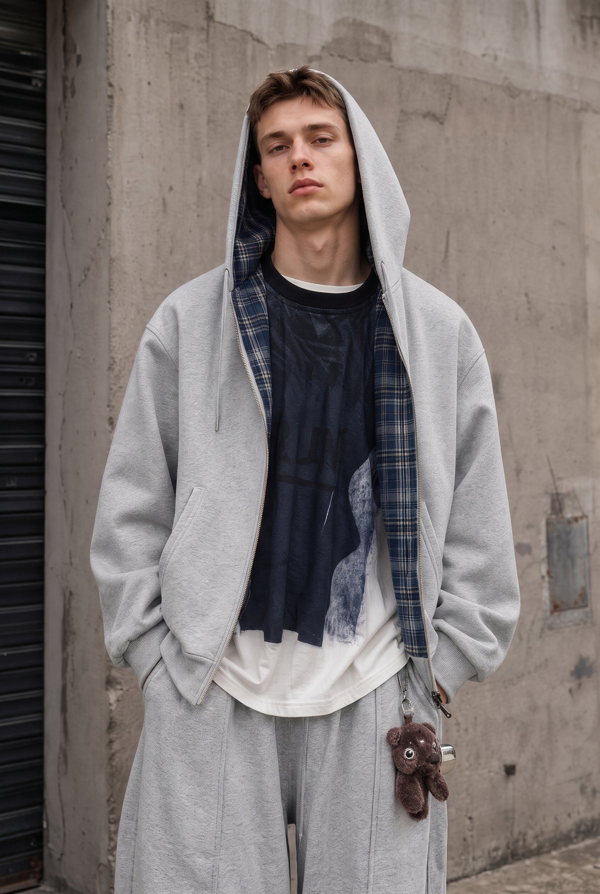 Reversible Cropped Zip Hoodie in Gray — studio front