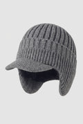 Rib Knit Earflap Beanie in Gray — studio front