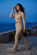 Beige Ribbed Cropped Hoodie and Flared Pants Set - Cropped set - Photo 3