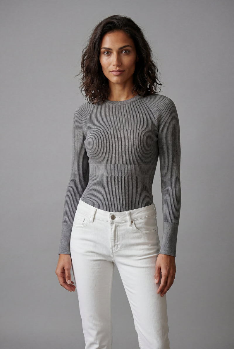 Gray Ribbed Fitted Crew Neck Long Sleeve Top - Fitted tops - Photo 2