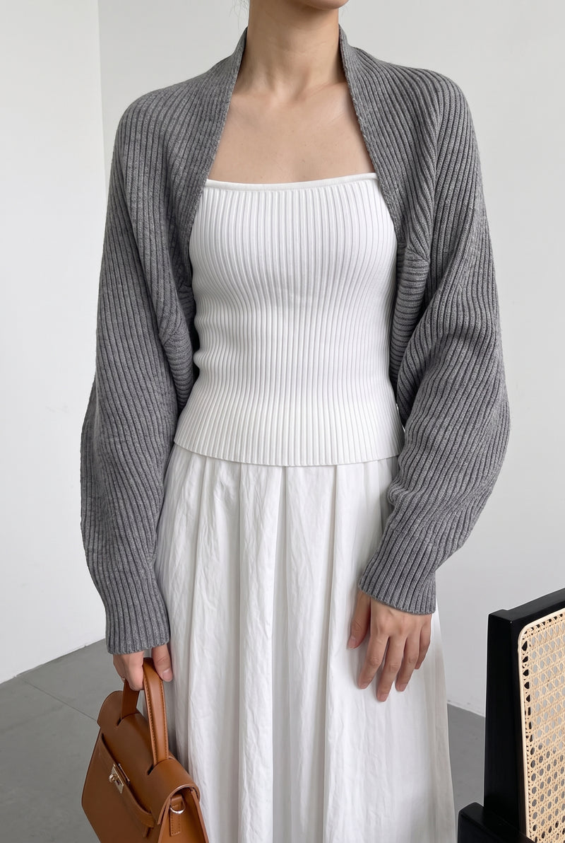 Ribbed Knit Shrug in Gray — studio front