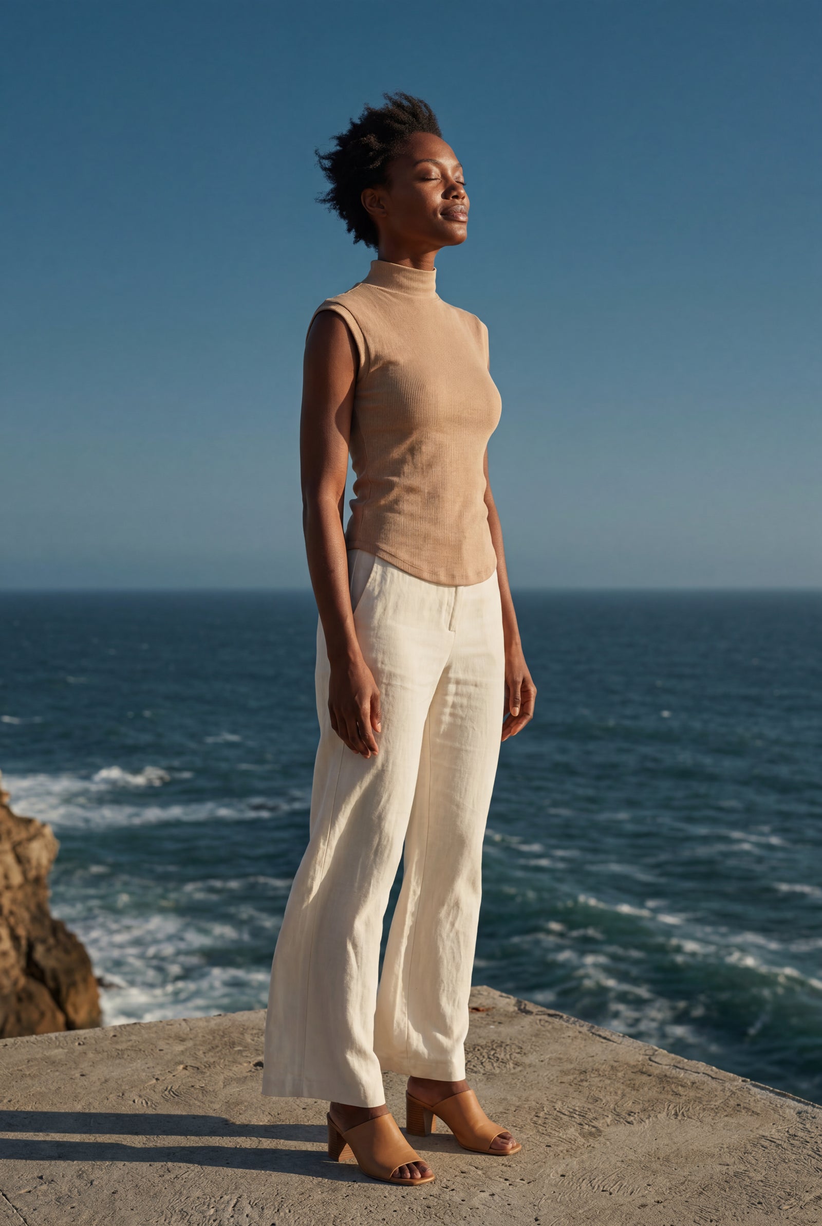 Nude Ribbed Mock Neck Sleeveless Top with Curved Hem - Mock neck tops - Photo 17