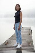 Black Ribbed Mock Neck Sleeveless Top with Curved Hem - Mock neck tops - Photo 5