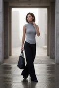 Gray Ribbed Mock Neck Sleeveless Top with Curved Hem - Mock neck tops - Photo 8