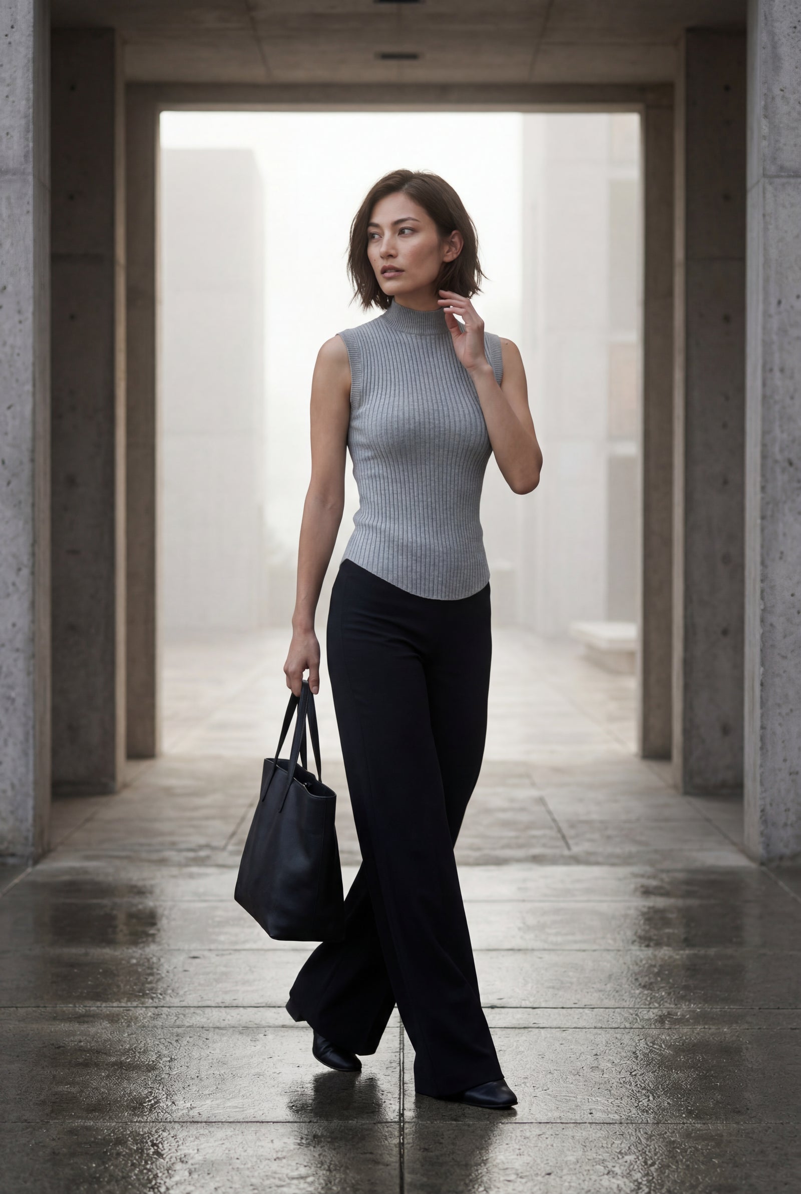 Gray Ribbed Mock Neck Sleeveless Top with Curved Hem - Mock neck tops - Photo 8