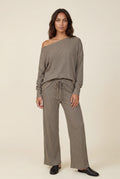 Gray Ribbed Off-shoulder Lounge Set with Wide-leg Pants - Photo 3
