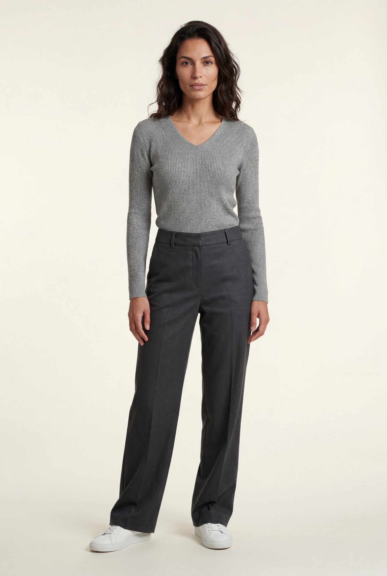 Gray Ribbed V-neck Long Sleeve Pullover Sweater - V-neck sweater - Photo 20